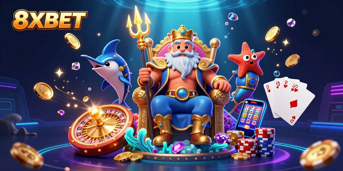 Experience the thrilling world of 8XBET with Neptune, coins, and casino elements.