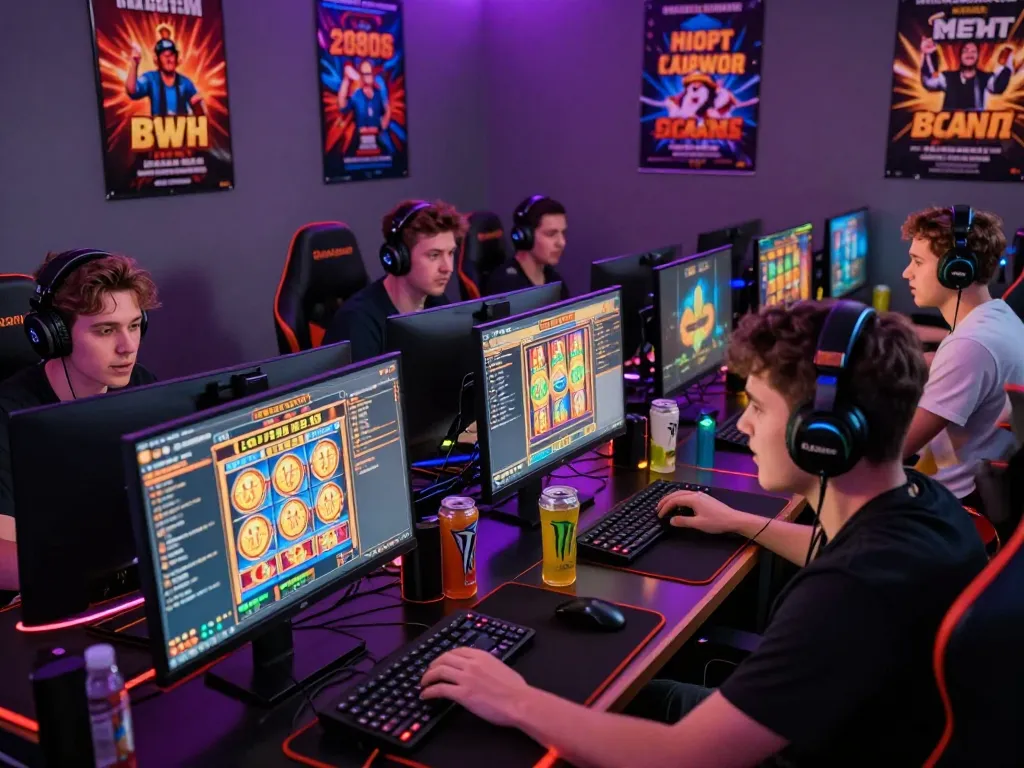 Pemain yang beragam menikmati permainan slot online danamax777 dengan monitor menyala dan aksesori gaming tersedia.