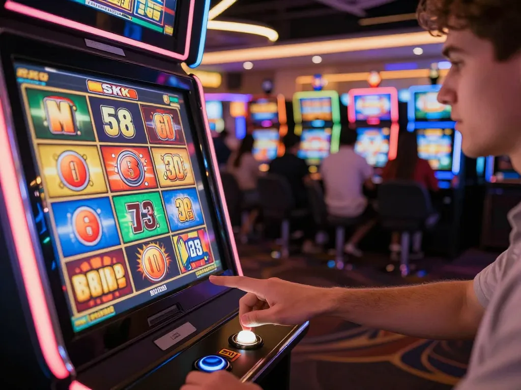 Player enjoying slot 5k machines in vibrant casino with bright neon lights
