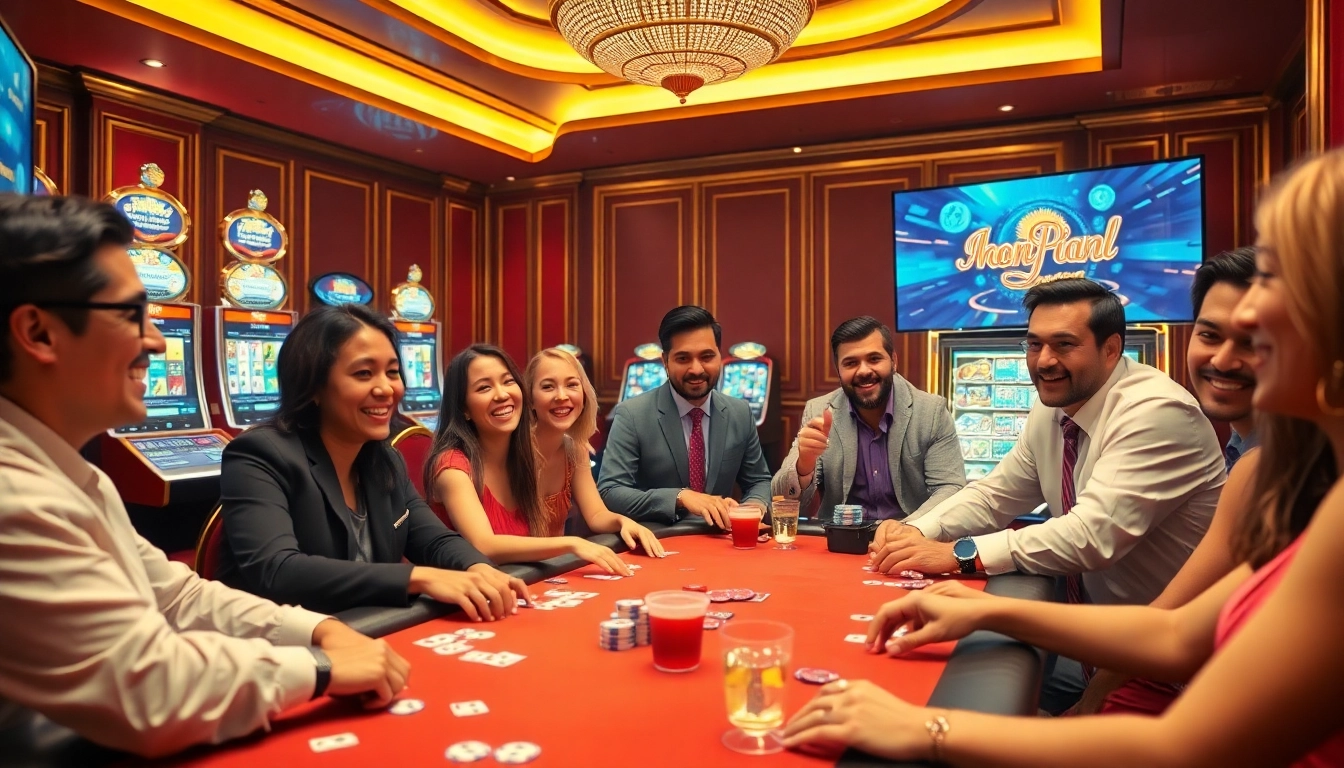 Suasana kasino yang hidup menampilkan mesin slot aman788, pemain yang terlibat, dan meja poker yang ramai.