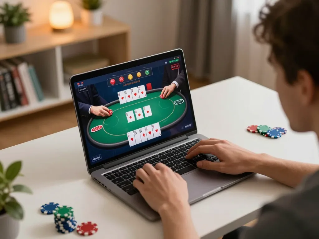 Pemain menggunakan laptop untuk bermain poker online di tamilmp3plus, memperlihatkan strategi dan fokus.