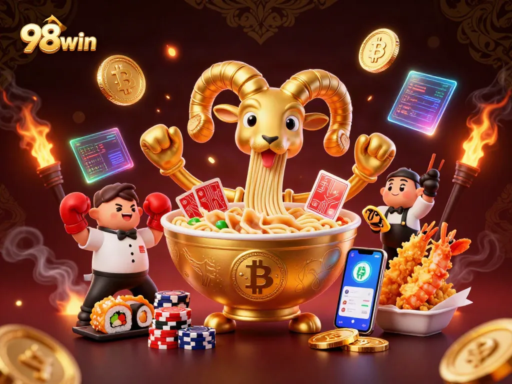 Engage in thrilling games at 98win with a cartoon ramen bowl dealer, crypto elements, and vibrant energy.