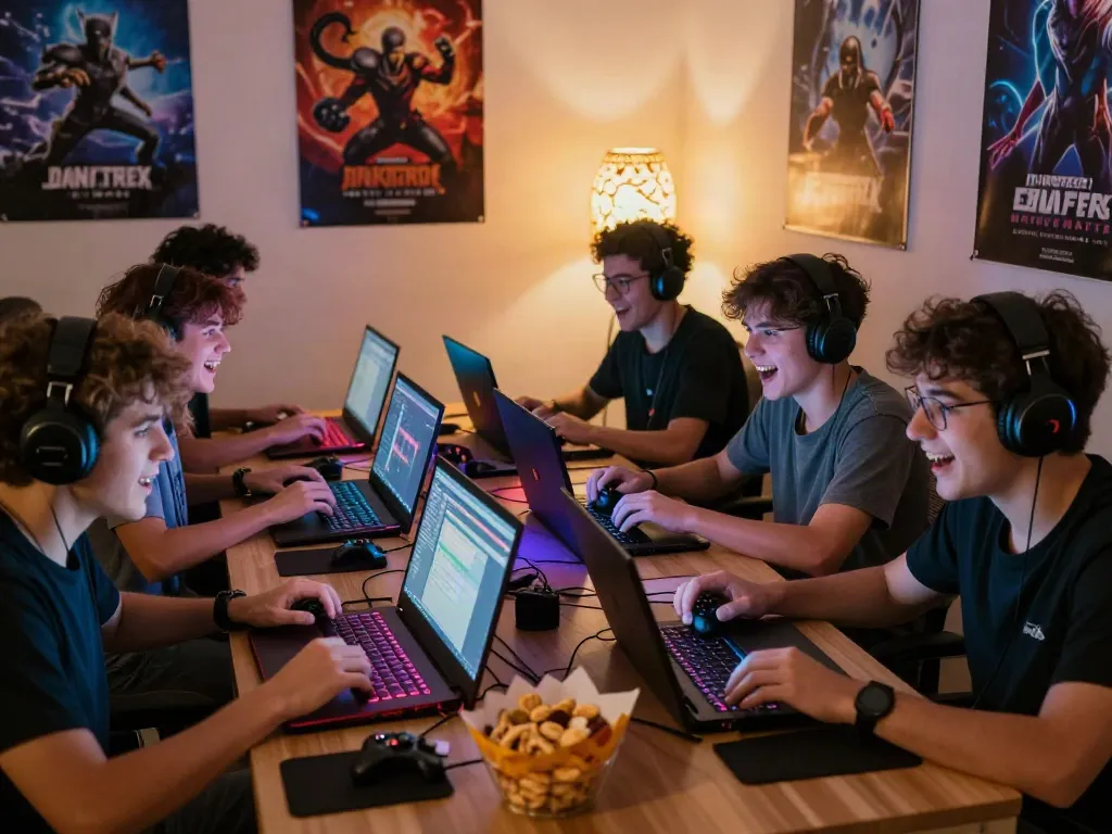 Akunjp gaming group enjoying an exciting online gaming session with laptops and snacks.