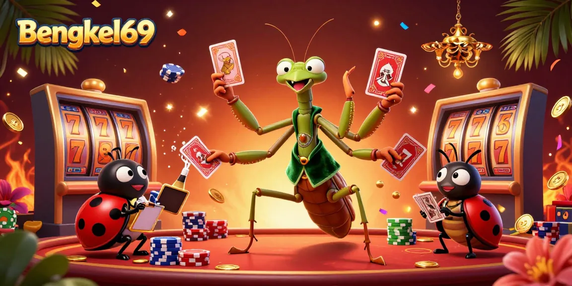Engage with Bengkel69's thrilling casino scene featuring a giant mantis card sharp and lively gaming elements.