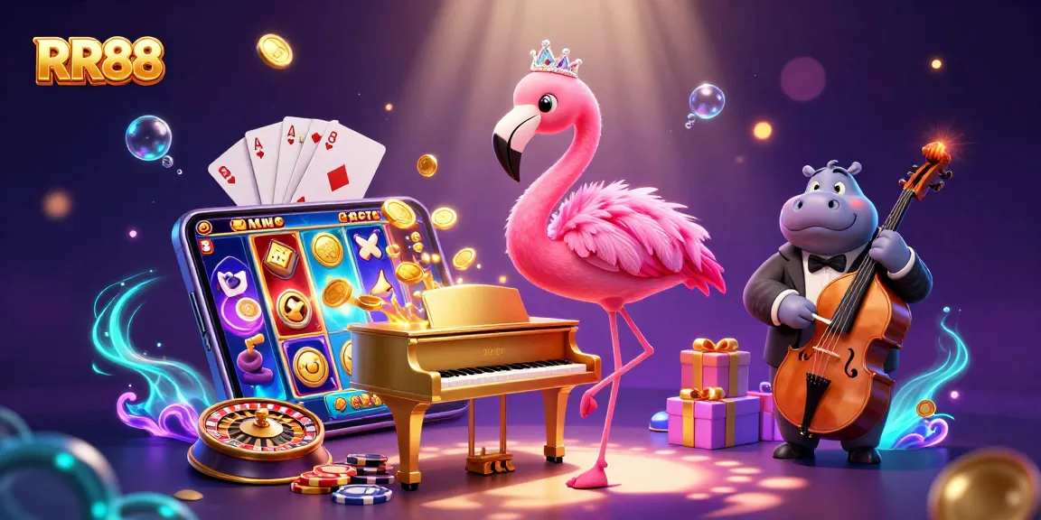 Experience RR88's vibrant casino scene featuring dynamic gaming elements and lively characters.