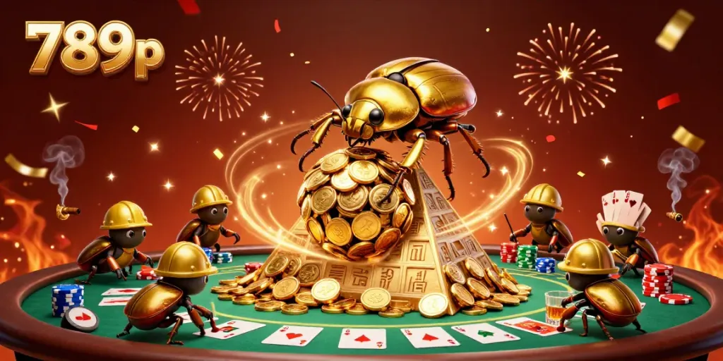 Join the 789p adventure as golden beetles roll coins and poker excitement unfolds.