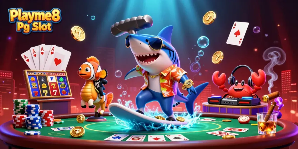 เล่น Playme8 Pg Slot โดยมีฉลามตัวใหญ่ในเสื้อฮาวายและปลา clownfish ขี่ม้าในภาพการ์ตูนน่ารัก