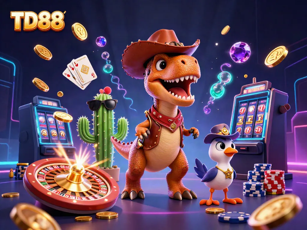 Experience the excitement of TD88 with a cartoon dinosaur, sparkling gems, and casino elements.