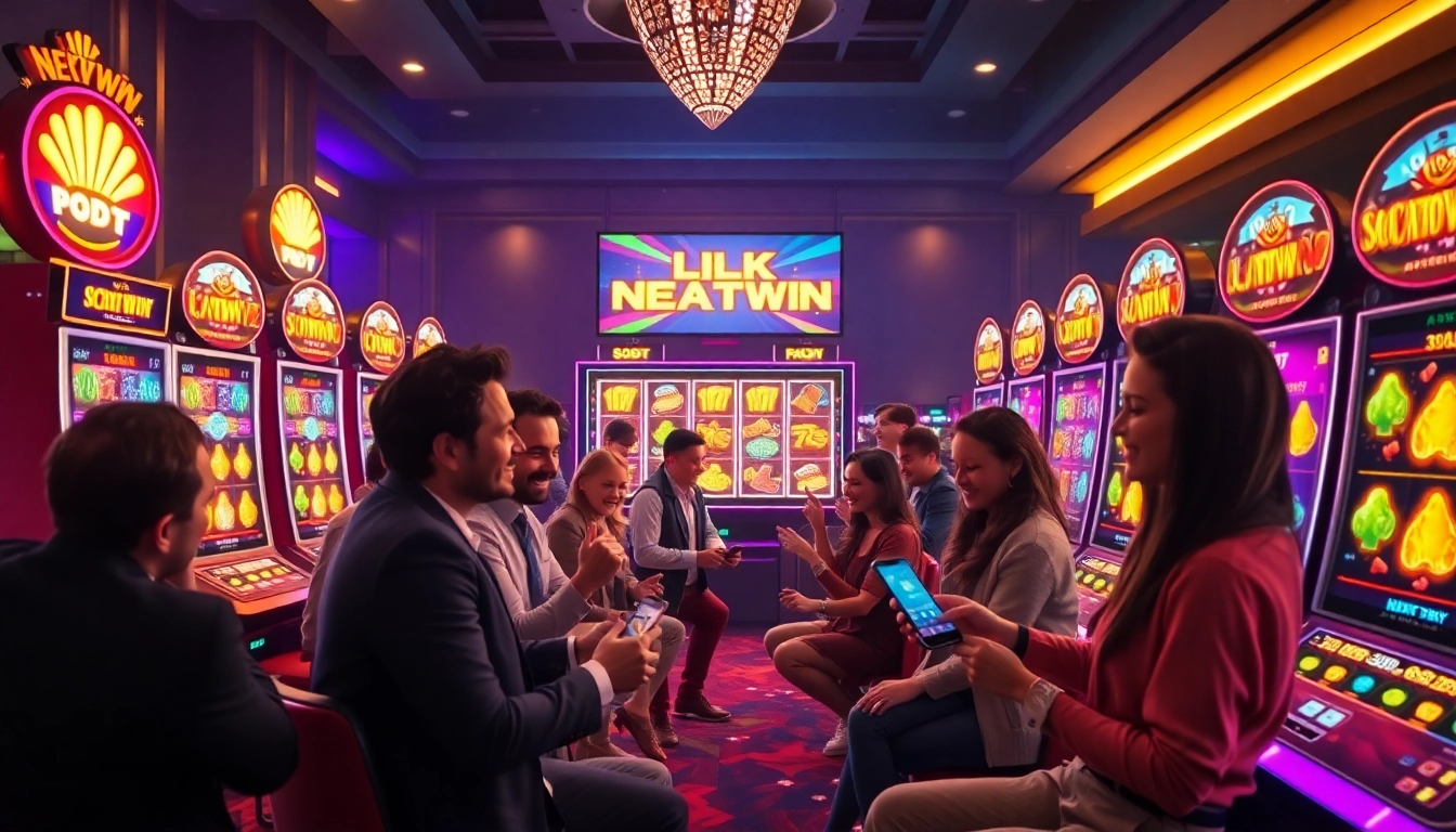 Exciting online gambling scene at NEKATWIN with players celebrating scatters and exploring link alternatif nekatwin.