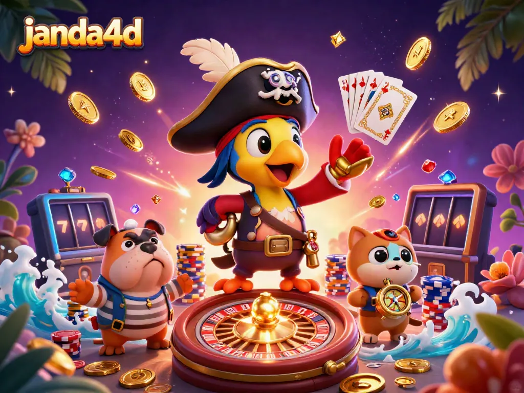 Menangkan jackpot dengan janda4d dalam ilustrasi kasino digital yang penuh warna dan elemen menarik.