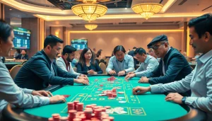 Engaging players at a Tool xổ số siêu tốc game table in a vibrant casino atmosphere.