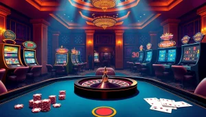 Experience the thrill of gaming at asupanjitu, showcasing vibrant slot machines and a luxurious roulette table.