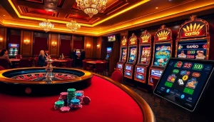 A thrilling casino scene with players enjoying demo pg soft on a stylish gaming table, showcasing vibrant chips and a roulette wheel.