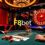 Experience F8bet's thrilling poker action at a glamorous casino table with colorful chips and a spinning roulette.