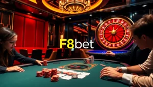 Experience F8bet's thrilling poker action at a glamorous casino table with colorful chips and a spinning roulette.
