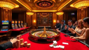 Engaging gambling scene with NHÀ CÁI VT88 poker chips and roulette wheel, capturing excitement and luxury.