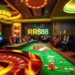 Experience the thrill of online gaming with Nhà Cái RR88's vibrant casino environment filled with poker chips and roulette.