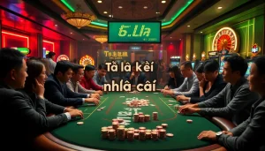 Experience the thrill of tỷ lệ kèo nhà cái in a vibrant casino setting with engaged gamblers.