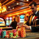 C168 poker game with vibrant chips and eager players in an upscale casino environment.