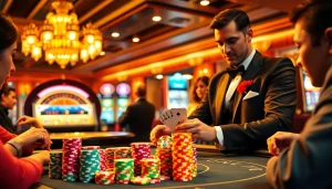 C168 poker game with vibrant chips and eager players in an upscale casino environment.