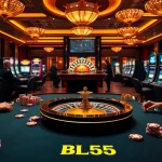 Experience the excitement of BL555 at a luxurious casino table with poker chips and slot machines.