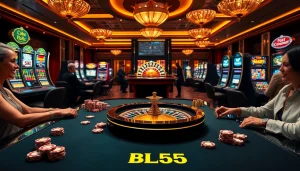 Experience the excitement of BL555 at a luxurious casino table with poker chips and slot machines.