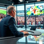 Engaging sports broadcasting scene with an announcer delivering live updates.