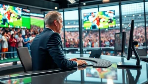 Engaging sports broadcasting scene with an announcer delivering live updates.