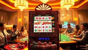 Engaging players at the slot mahjong machine, celebrating big wins in a vibrant casino.