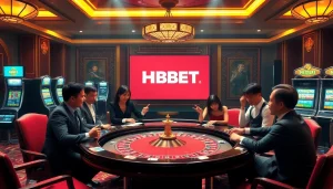 Gamble excitingly at NHÀ CÁI HBBET with luxurious casino tables, illuminated ambiance, and thrilling games.