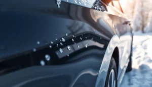 Showcase of PPF winter road salt protection on a vehicle gleaming in a snowy landscape.