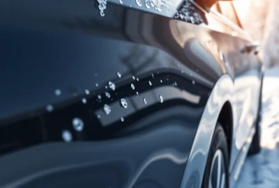 Showcase of PPF winter road salt protection on a vehicle gleaming in a snowy landscape.