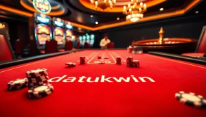 Rasakan sensasi Datukwin di meja judi taruhan tinggi dengan chip poker yang berwarna-warni dan roda roulette.