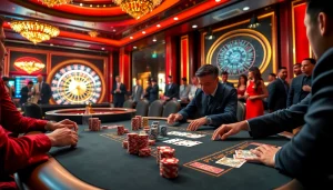 Engaged players at a j88 casino poker table, highlighting high-stakes excitement and professional gameplay.