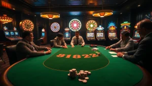 Players at a B52-themed poker table strategizing their winning moves amidst luxurious casino ambiance.