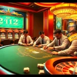 Experience the thrill of NHÀ CÁI B8 with professional players at a vibrant poker table surrounded by slot machines.