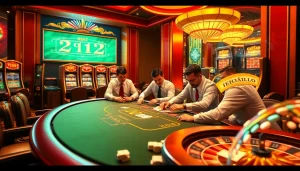 Experience the thrill of NHÀ CÁI B8 with professional players at a vibrant poker table surrounded by slot machines.