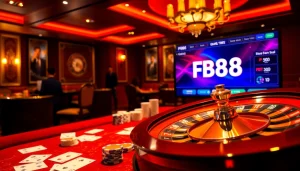 Experience the thrill of gambling with FB68 at a luxurious casino table, featuring cards and poker chips.