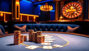 Experience the thrill of ph365 blue edition at an upscale casino table with poker chips and cards.