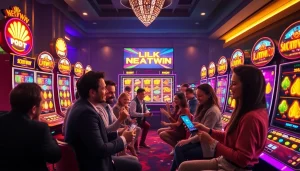 Exciting online gambling scene at NEKATWIN with players celebrating scatters and exploring link alternatif nekatwin.