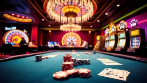 Experience a thrilling poker game at Bem88, featuring vibrant colors and luxurious casino elements.