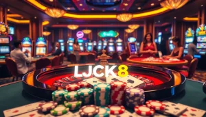 LUCK8 players enjoying a thrilling casino experience with poker chips and a roulette table.