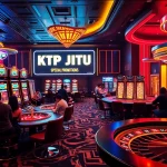 KTP JITU shows a lively casino with players at slot machines and poker tables, emphasizing excitement and winning.