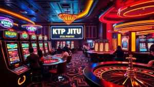 KTP JITU shows a lively casino with players at slot machines and poker tables, emphasizing excitement and winning.