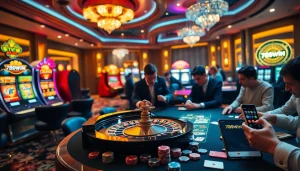 Engaging scene of gamers at 789win casino, showcasing roulette excitement and professional poker.