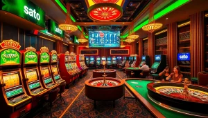 Experience the thrill of slot777 login with an engaging casino scene filled with vibrant slot machines and excited players.