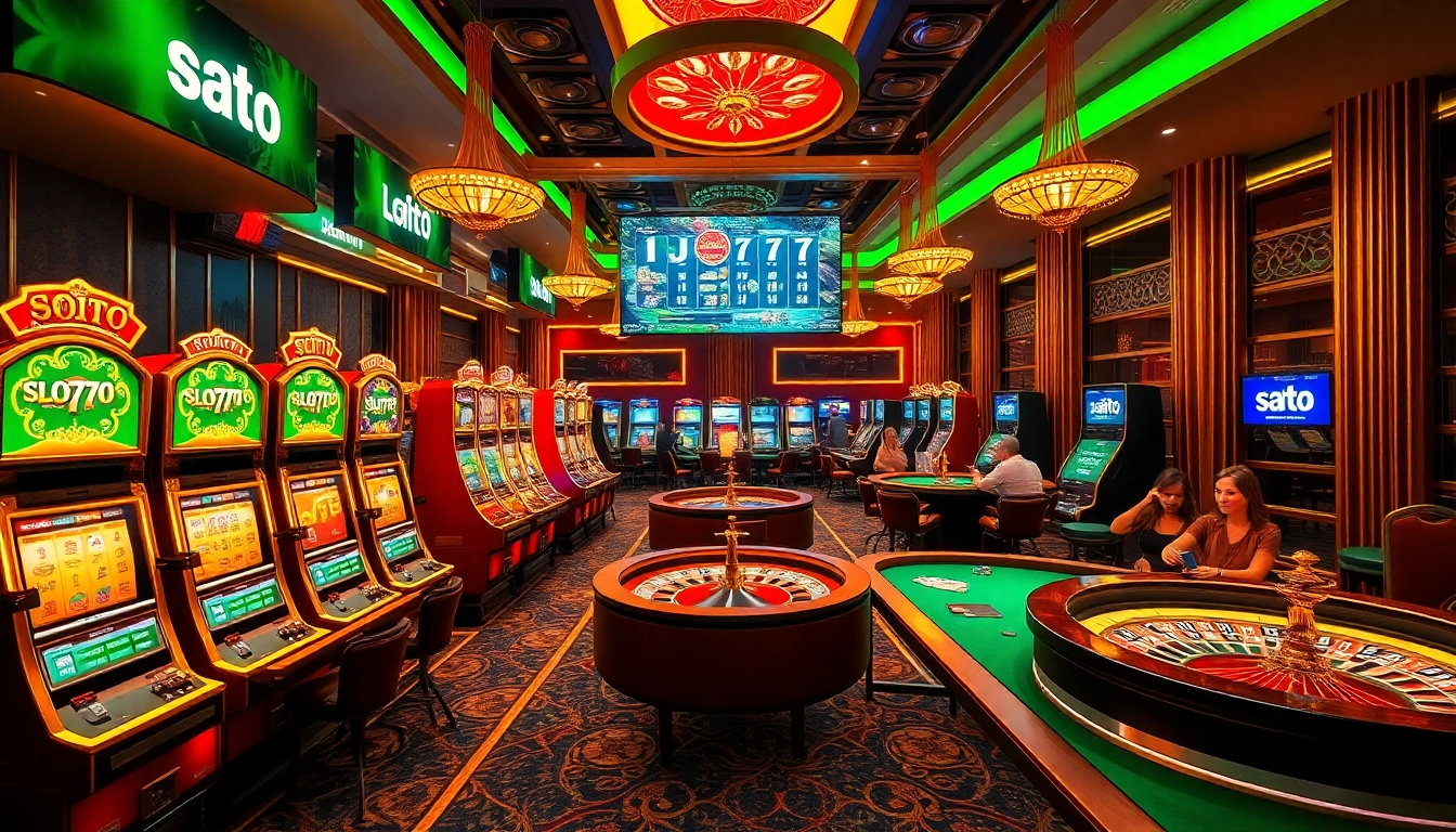 Experience the thrill of slot777 login with an engaging casino scene filled with vibrant slot machines and excited players.