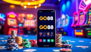 Tải GO88 app displayed on a smartphone surrounded by gaming elements, highlighting a vibrant gaming experience.