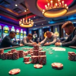 E1 Sport CS:GO รีวิว ภาษาไทย showcasing an exciting casino atmosphere with poker chips and illuminated slot machines.