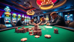 E1 Sport CS:GO รีวิว ภาษาไทย showcasing an exciting casino atmosphere with poker chips and illuminated slot machines.